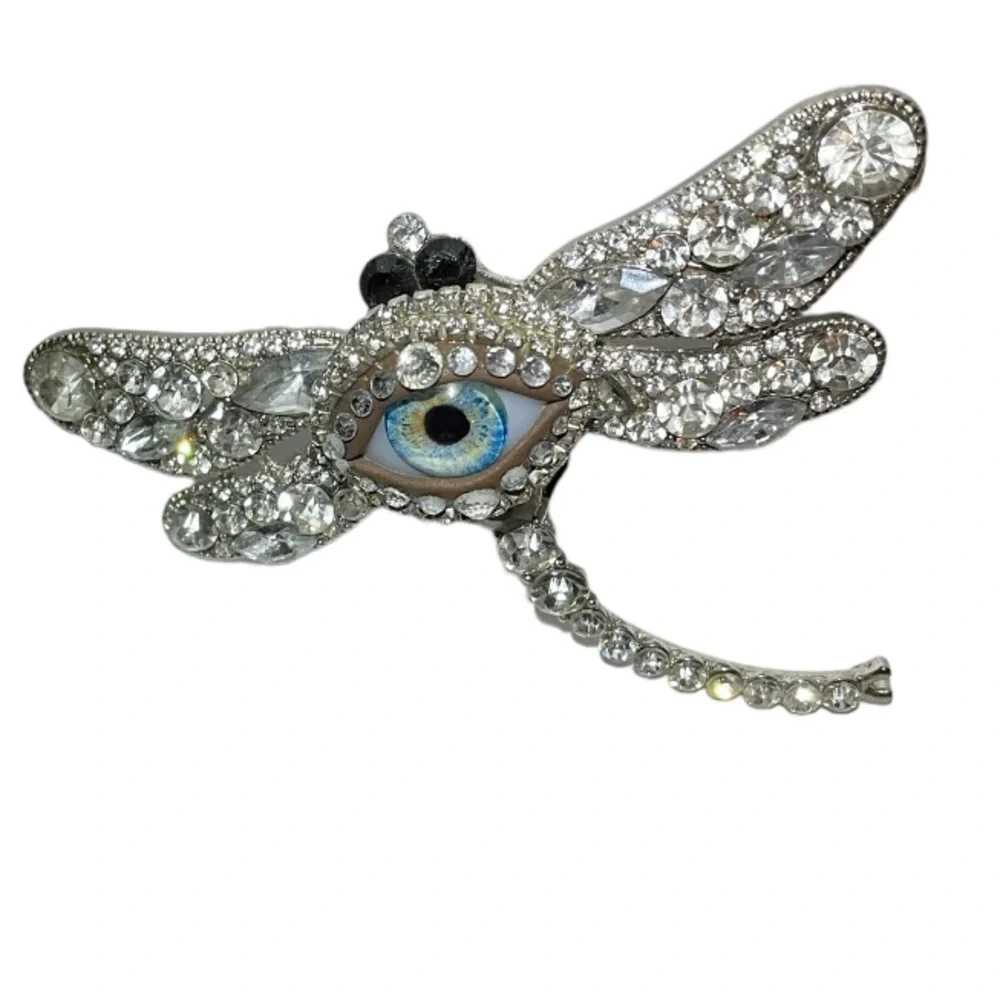 Dragonfly & Eye of Protection Brooch Pendant Handmade Glass Iris & Rhinestones